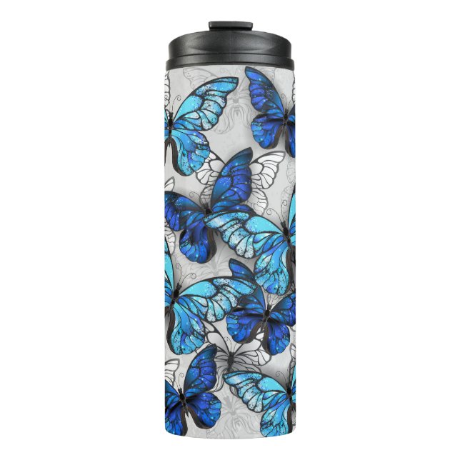 Composition of White and Blue Butterflies Thermal Tumbler (Front)