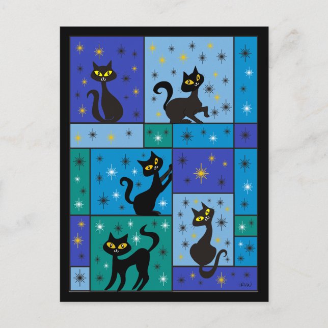 Composition with 5 Black Cats Midnight Blue Colour Postcard (Front)