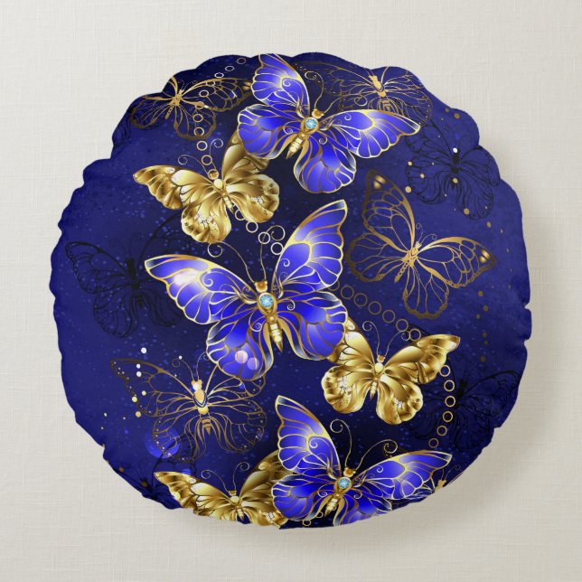 Composition with Sapphire Butterflies Round Pillow (Front)