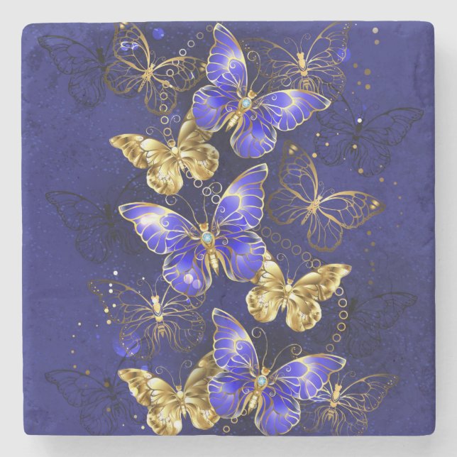 Composition with Sapphire Butterflies Stone Coaster (Front)