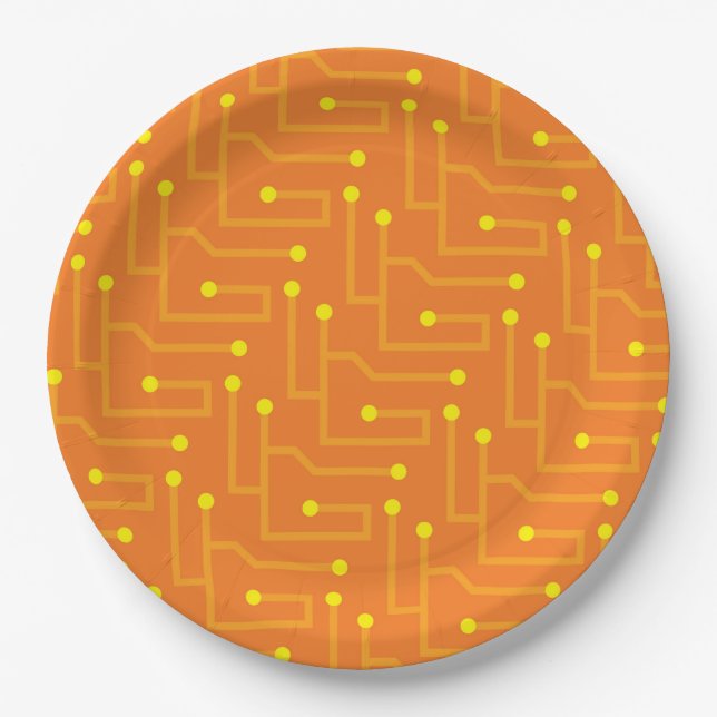 Computer Circuit Board Modern Tech Orange yellow Paper Plate (Front)