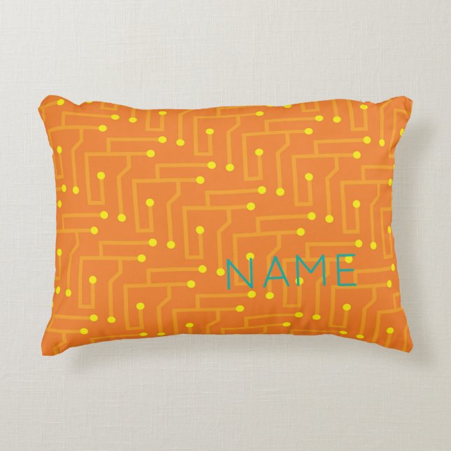 Computer Circuit Board orange yellow Kids Name Accent Pillow (Front)