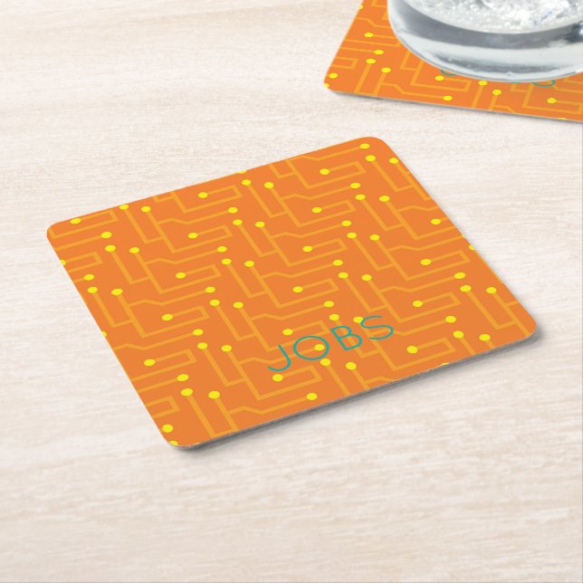 Computer Circuit Board orange yellow NAME Modern Square Paper Coaster (Angled)