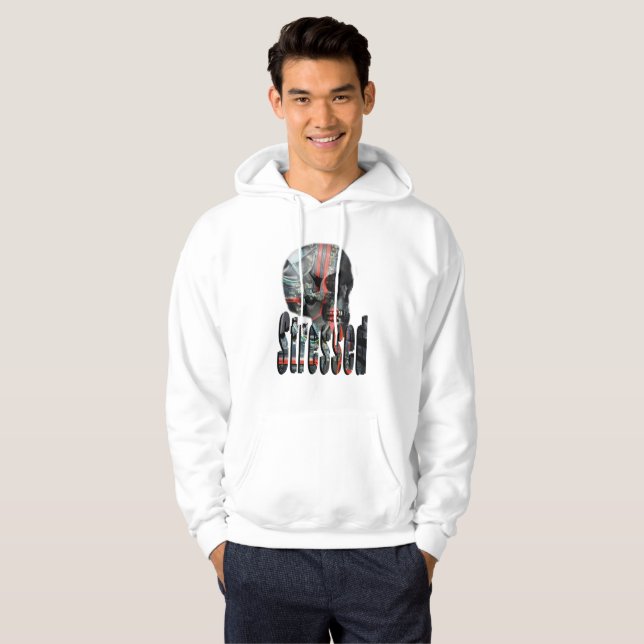 Computer Fried Skull Head, Mens White Hoodie (Front Full)