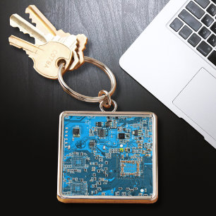 Computer Geek Circuit Board Blue Keychain