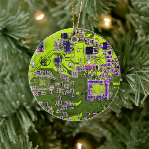 Computer Geek Circuit Board Neon Yellow Ceramic Ornament