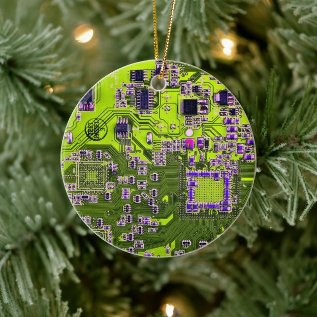 Computer Geek Circuit Board Neon Yellow Ceramic Ornament (Tree)