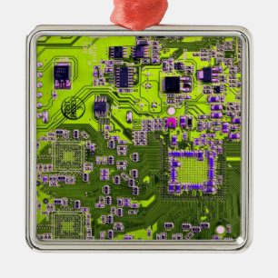 Computer Geek Circuit Board Neon Yellow Metal Ornament