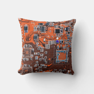Computer Geek Circuit Board Orange Throw Pillow