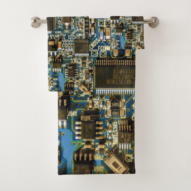 Computer Hard Drive Circuit Board - Blue Bath Towel Set (Insitu)