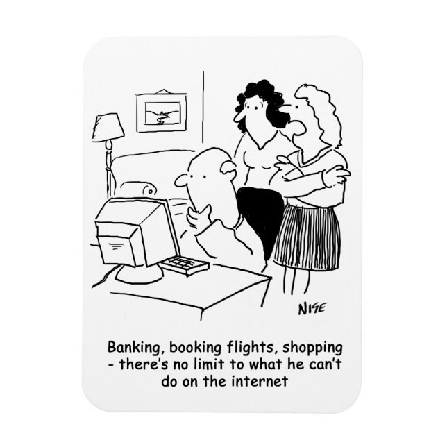 Computer illiterate man at computer magnet (Vertical)