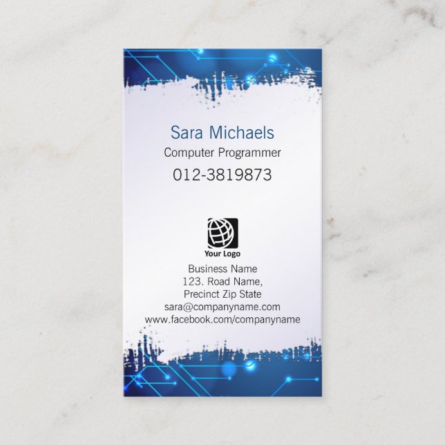 Computer Programmer Ripped Paper Blue Circuits Business Card (Front)