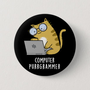 Computer Purr-grammer Funny Cat Pun Dark BG 2 Inch Round Button