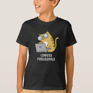 Computer Purr-grammer Funny Cat Pun Dark BG T-Shirt