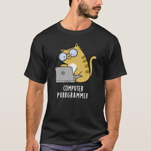 Computer Purr-grammer Funny Cat Pun Dark BG T-Shirt (Front)