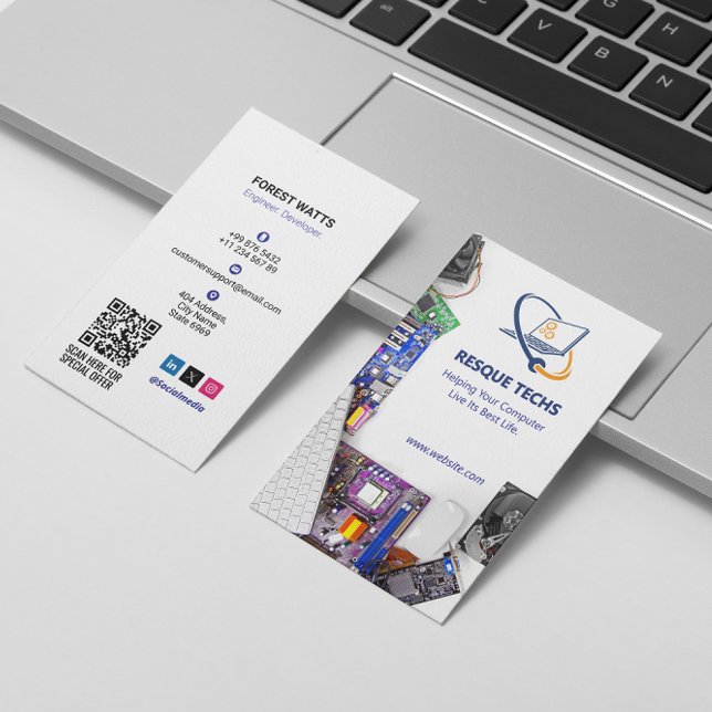 Computer Repair Business | Modern White Potrait Business Card (Creator Uploaded)