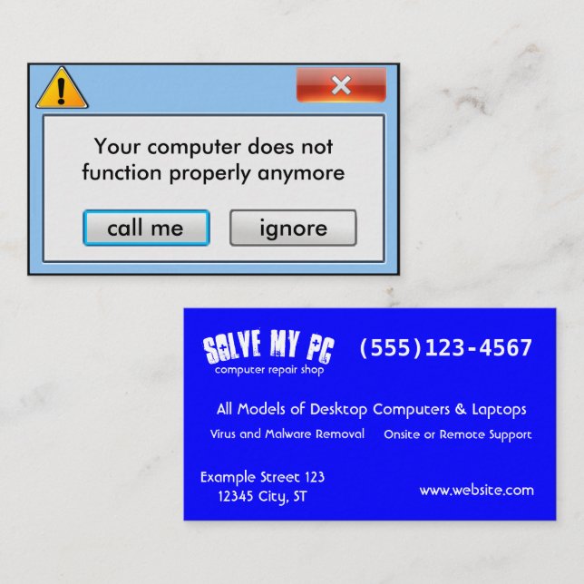 Computer Repair Company pop up message Business Card (Front/Back)