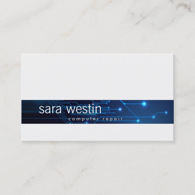 Computer Repair Technical Blue Circuits Stripe Business Card (Front)