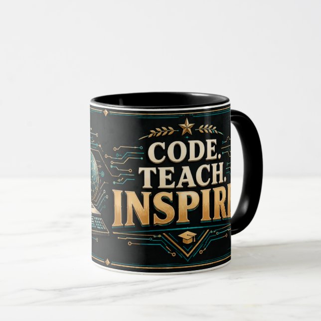 Computer Science Teacher Mug, Code Teach Inspire Mug (Front Right)