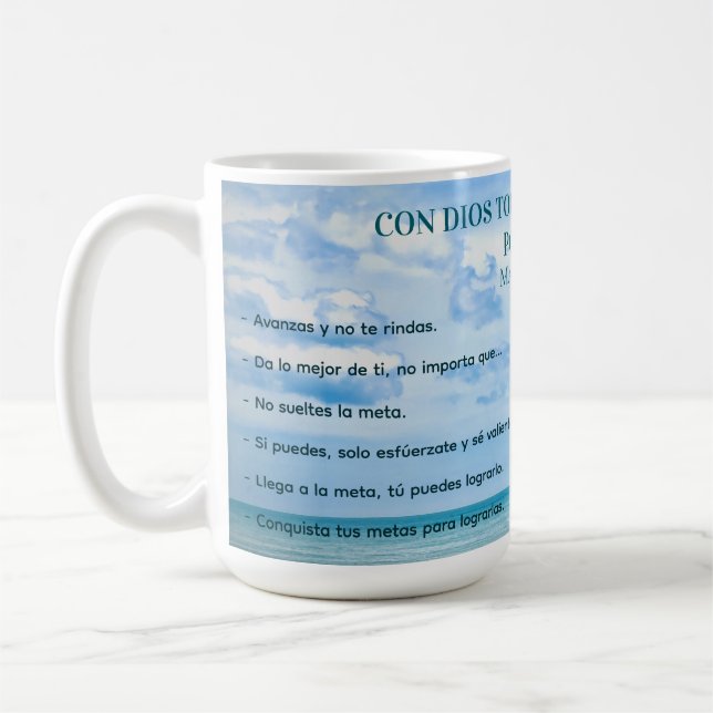 Con Dios Todo Posible Blue Sky Conquista Metas Coffee Mug (Left)