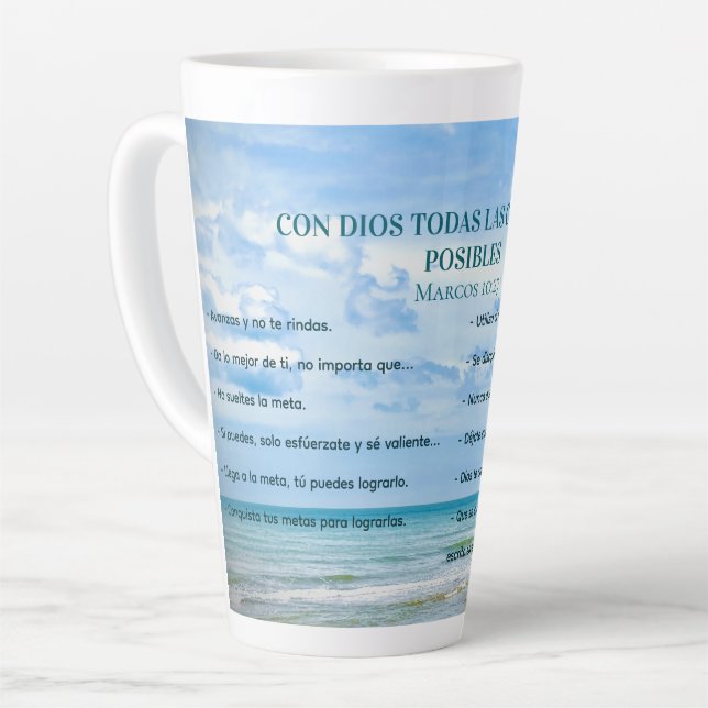 Con Dios Todo Posible Blue Sky Conquista Metas Latte Mug (Left Angle)