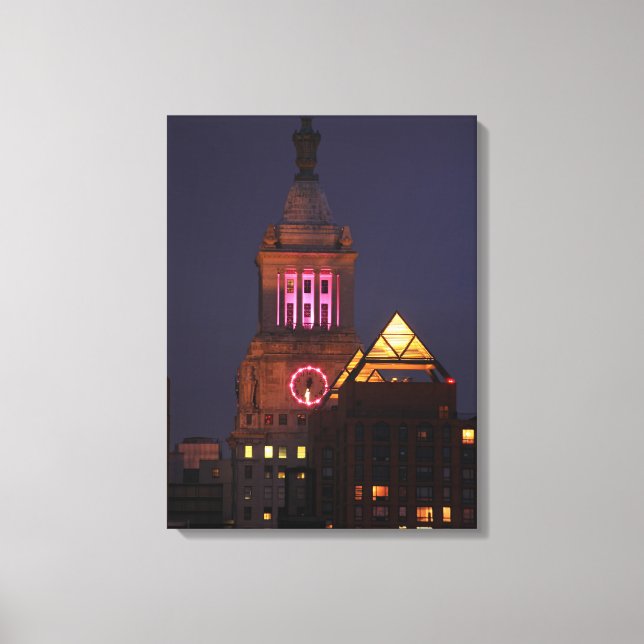 Con Edison Clock Tower lit up in Pink at Twilight Canvas Print (Front)