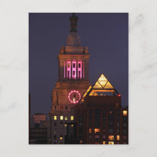 Con Edison Clock Tower lit up in Pink at Twilight Postcard