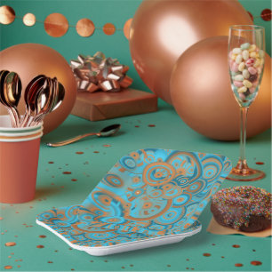 Concentric Circle Gradient Orange Rust Turquoise Paper Plate