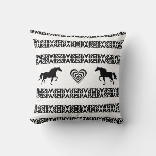 Concentric heart & horses on black & white pattern throw pillow