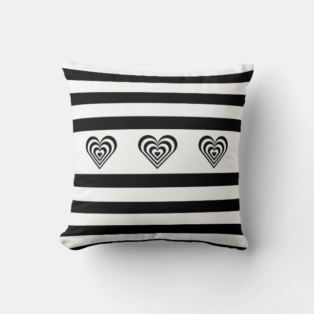 Concentric hearts on black & white striped throw pillow (Front)