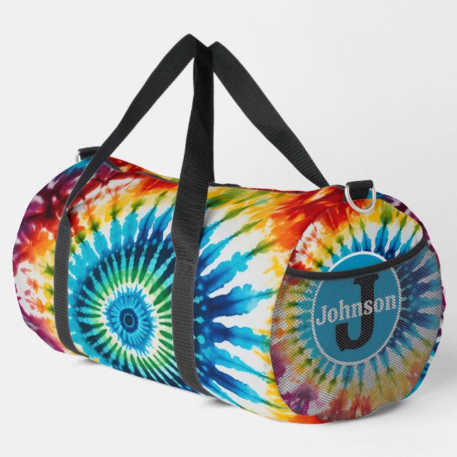 Concentric Rainbow Tie Dye monogram personalized Duffle Bag (Right Corner)