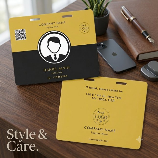 Conception de badge d'identification de personnel  (Premium Black Gold Office Staff ID Badge Design)