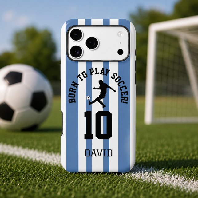 Conception de numéro de maillot à rayures pour le  (Soccer pinstripe jersey phone case with player number and name on a soccer field)