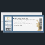 Concert Ticket Bar Mitzvah Save the Date in Navy<br><div class="desc">Every great Bat Mitzvah begins with a little buzz. Generate some of your own with this save the date card and make sure your friends and family will be in the front row. This invitation is styled just like a concert ticket. The aisle, row and seat correspond to the event...</div>
