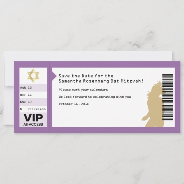 Concert Ticket Bat Mitzvah Save the Date in Purple (Front)