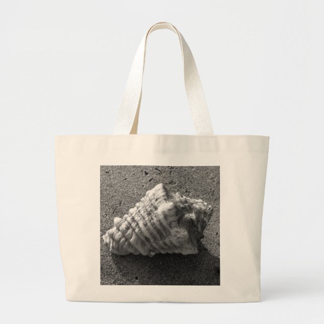 Conch Seashell Black and White Beach Tote Bag (Front)
