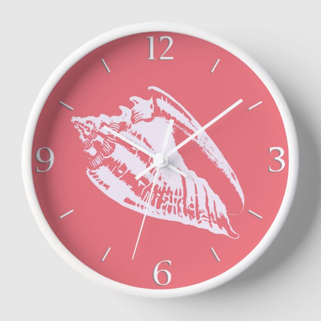 Conch Shell - coral pink and white Wall Clock (Front)
