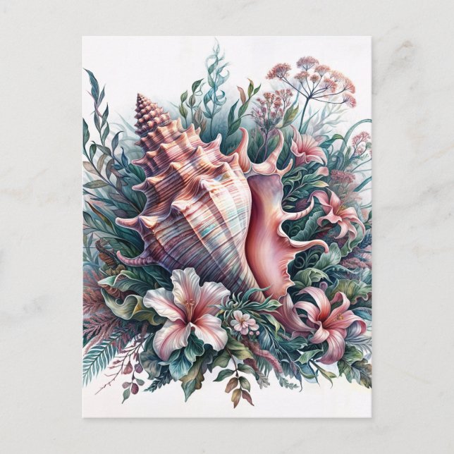 Conch Shell Floral Art Postcard (Front)