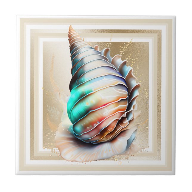 Conch shell iridescent mother pearl gold shimmer tile (Front)
