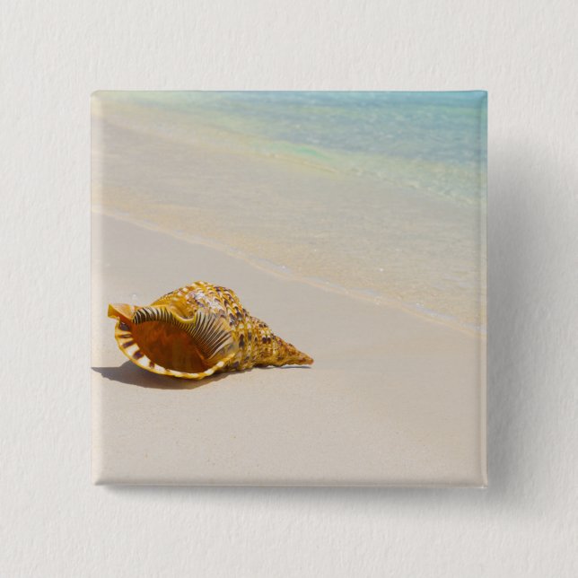 Conch Shell On Beach 3 2 Inch Square Button (Front)