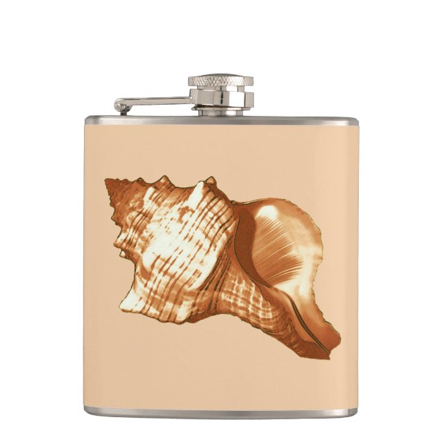 Conch shell sketch - brown, white and tan hip flask (Front)