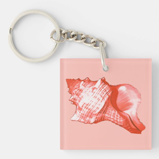 Conch shell sketch - coral, shell pink and white keychain (Front)