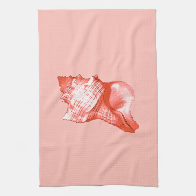 Conch shell sketch - coral, shell pink and white kitchen towel (Vertical)