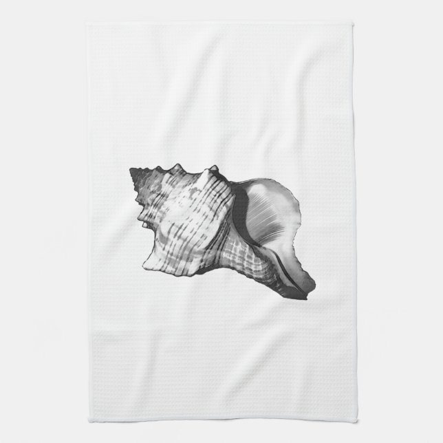 Conch shell sketch - shades of grey and white kitchen towel (Vertical)