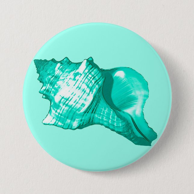 Conch shell sketch - turquoise, white and aqua 3 inch round button (Front)