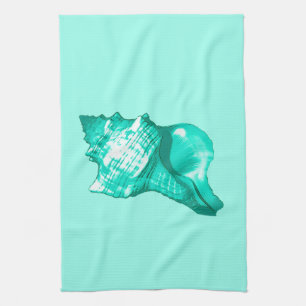 Conch shell sketch - turquoise, white and aqua kitchen towel