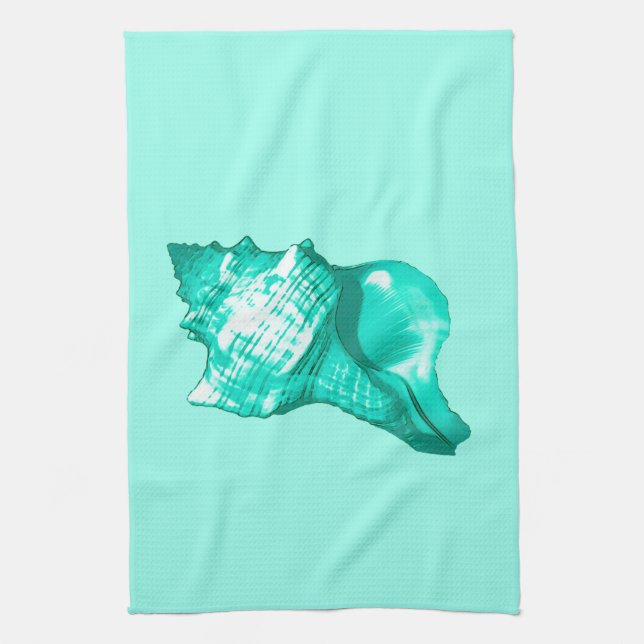 Conch shell sketch - turquoise, white and aqua kitchen towel (Vertical)