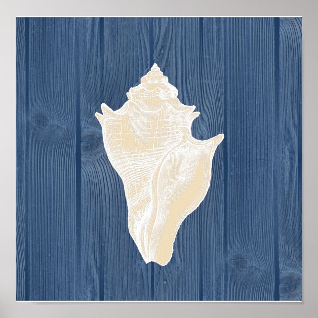 Conch Shell Vintage Blue Wood Beach Poster (Front)