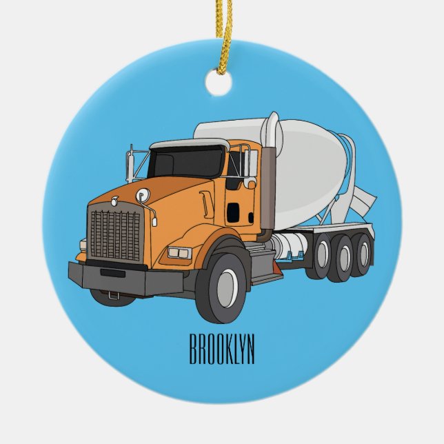 Concrete cement mixing truck cartoon illustration ceramic ornament (Front)