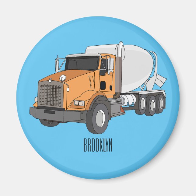 Concrete cement mixing truck cartoon illustration magnet (Front)